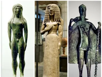 Collage showing three ancient statuettes, including bronze figures at the sides and a robed stone woman in the center.