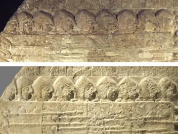 Two fragments of the Stele of the Vultures showing rows of carved heads in profile and faint cuneiform above.