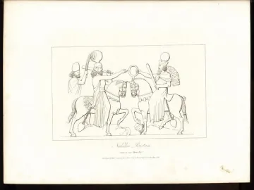 Black-and-white line drawing of the Ardashir Investiture Relief showing two crowned horsemen facing each other and exchanging rings, with fallen figures beneath their horses and a smaller figure behind the left rider.