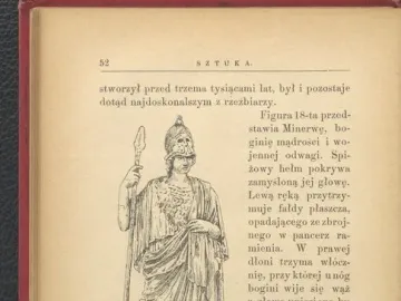 Athena Giustiniani shown as a robed female statue wearing a helmet and holding a tall spear, with a serpent at her feet.