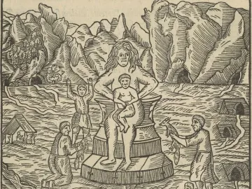 Woodcut of the Golden Woman standing on a pedestal with a child on her hip, surrounded by smaller figures in a mountainous landscape.