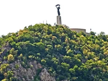 The Liberty Statue stands on a tall pedestal atop a wooded hill against a bright sky.