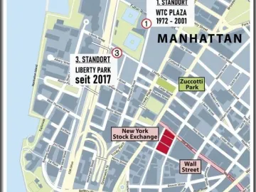 Map of lower Manhattan showing three numbered locations and landmarks including Wall Street, the New York Stock Exchange, and Zuccotti Park.
