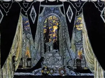Gothic stage design for The Stone Guest with draped curtains, a glowing stained-glass archway, and ceremonial objects in the foreground.