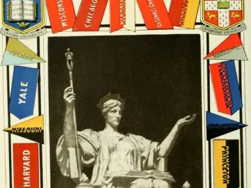 Alma Mater, a seated draped female statue, holds a scepter aloft and extends one hand, surrounded by university pennants and crests.