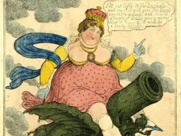 Crowned woman straddling a large green cannon mounted on a winged dragon, with speech bubble above the clouds.