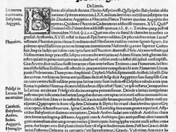 Printed page from an old book with the title Philologia, decorative initial letters, and dense black text on white paper.
