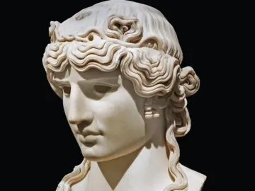 Antinous Mondragone marble bust with wavy hair on a pedestal labeled Antinous and N°126.