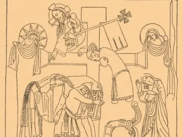 Medieval line drawing of the Externsteine Relief with stylized figures surrounding a large cross and Cyrillic text below.