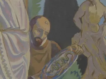 A light-colored classical statue of Milo of Croton appears in the upper right background of the painting.