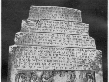 The Black Obelisk, covered with cuneiform inscriptions and carved relief figures.