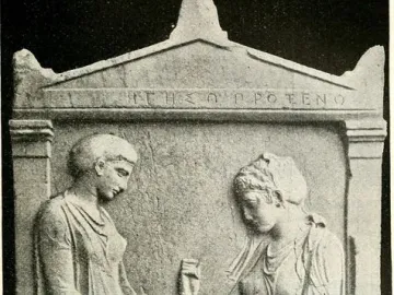Grave Stele of Hegeso showing two draped women in relief, one standing and one seated with an open box.