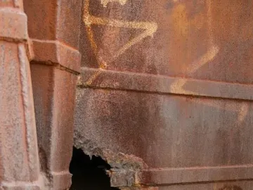 Close-up of the Monument to the Azoreans showing a heavily rusted metal surface with faint graffiti and a jagged hole near the bottom.