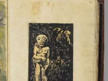 Oviri print showing a pale stylized figure with wide eyes and an open mouth against a dark, leafy background.