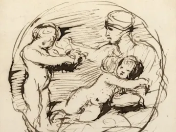 Ink sketch of the Taddei Tondo showing a woman with two young children in a circular composition.