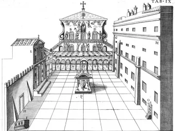 La Pigna fountain in a courtyard before the facade of old Saint Peter\'s Basilica.