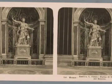 The statue of Saint Longinus in Saint Peter\'s Basilica, shown twice in a stereoscopic photograph, with the figure holding a spear and gesturing beneath a large arched niche.