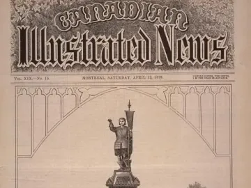 Illustration of the Maisonneuve Monument with a statue holding a banner atop a tiered fountain surrounded by onlookers and trees.
