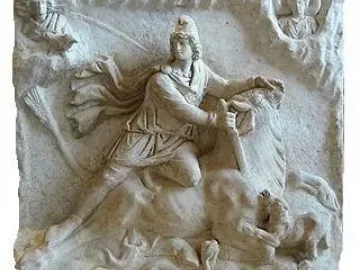 Double-sided Mithras of Fiano Romano altarpiece with a bull-slaying scene above and a banquet scene below.