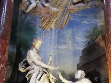 Noli Me Tangere marble sculptural group with a standing man and kneeling woman beneath cherubs and golden rays