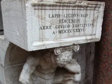 Il Gobbo di Rialto, a weathered stone figure crouching beneath an inscribed block beside a reddish column.