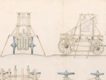 Technical drawings showing a wheeled wooden transport structure with faint outlines of Louis XIV Equestrian Statue in two diagrams.