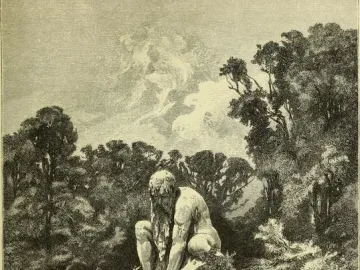 The Apennine Colossus crouches on a rocky outcrop beside a pond, with water flowing from beneath its hand and tiny figures at its base.