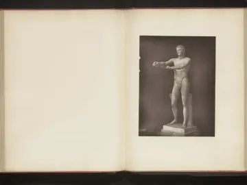 Sepia-toned book page showing the Apoxyomenos statue in a contrapposto pose with both arms extended forward.