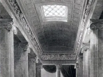 Black and white drawing of the Bassae Frieze in a long colonnaded temple interior.