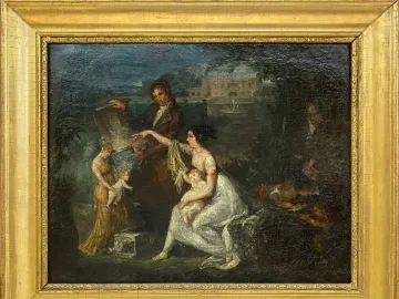 Oil painting in a gilded frame showing Canova presenting the Hercules and Lychas design to a seated family in a garden landscape.