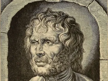 Pseudo-Seneca bust with a gaunt face, curly hair, and beard resting in a rough stone archway.
