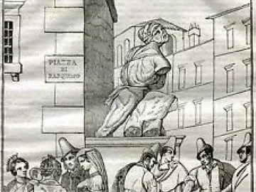 Black-and-white drawing of Pasquino, the talking statue of Rome, shown in a street scene with people gathered nearby and a sign for Piazza di Pasquino.