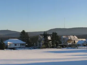 The Hermannsdenkmal appears as a small dark silhouette on a distant forested hill above a snowy landscape with houses in the foreground.