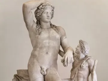 Ludovisi Dionysus marble sculpture with a smaller satyr, and a panther at his feet holding grapes.