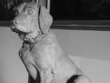 Cane Tago, a sculpture of a seated dog on a cushioned base with an inscription.
