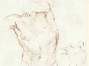 Red chalk studies of male figures for Daniel and the Lion, showing a muscular nude torso on the left and a smaller full-body sketch on the right.