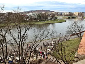 Wide view of the Vistula River with a cityscape, a riverside path full of people, and bare trees in the foreground.