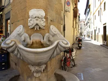 Fontana dello Sprone, a white marble fountain with a grotesque bearded face and conch-shaped basin built into a corner wall.