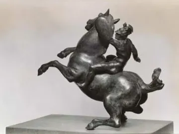 Rearing Horse and Mounted Warrior statuette showing a rearing horse with a mounted warrior on a rectangular base.