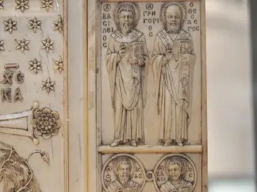 Harbaville Triptych right panel with carved haloed figures, Greek inscriptions, and star and tree motifs