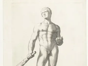 Monochrome print of Hercules of the Forum Boarium, shown as a nude muscular figure holding a club and a cluster of apples.