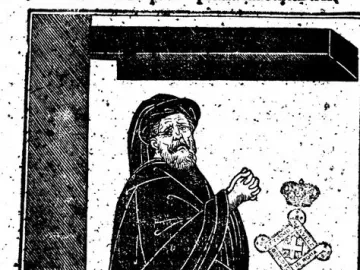 Antique print of Pasquino as a bearded man in a hooded robe, shown with clasped hands on an ornate pedestal with a coat of arms and Latin text above.