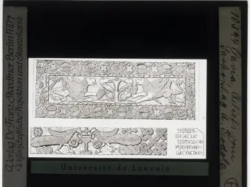 The Plutei of Theodota shown as two carved panels, one with griffin-like creatures around a tree and the other with peacocks flanking a chalice.
