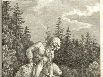 Engraving of the Apennine Colossus, a colossal bearded figure built into a rocky landscape with water flowing below and small figures on nearby steps and walkways.