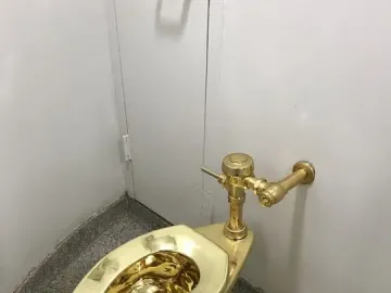America, a gold-colored toilet with a reflective bowl and matching flush valve against a white wall.