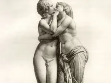 Engraving of Cupid and Psyche embracing and kissing on a round pedestal.