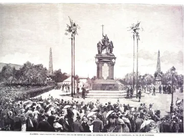 Crowd gathered around the Monument to Isabella of Castile during a public ceremony, with an equestrian statue on a tall pedestal and flags nearby.