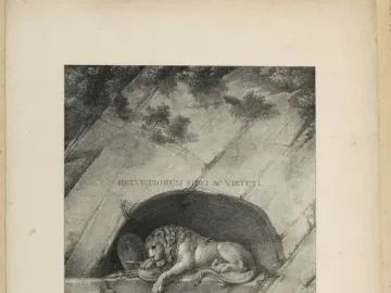 The Lion Monument shows a wounded lion carved into a rocky grotto, with its paw resting on a shield, while small figures in a boat appear below on the water.