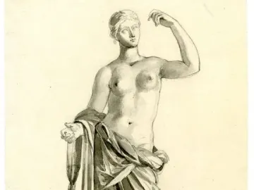 Monochrome drawing of the Townley Venus, showing a standing partially nude female figure with drapery and one arm raised near her head.
