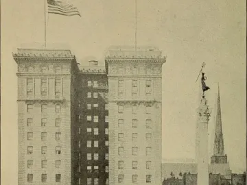 Dewey Monument rising from a circular basin in a park with buildings and a church steeple behind it.